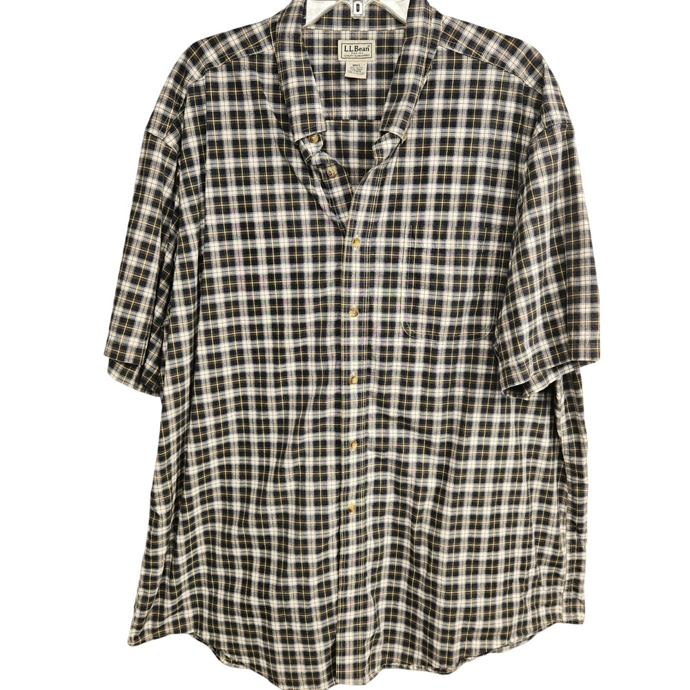 LL Bean Mens XXL Plaid Short Sleeve Button Down Shirt Navy Tan Cotton 0 FRK6